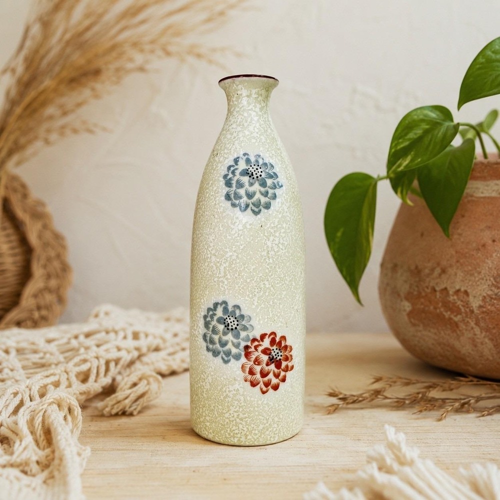 Vintage Japanese Bud Vase Cream Speckled Floral Ceramic Vase 7 Inch
